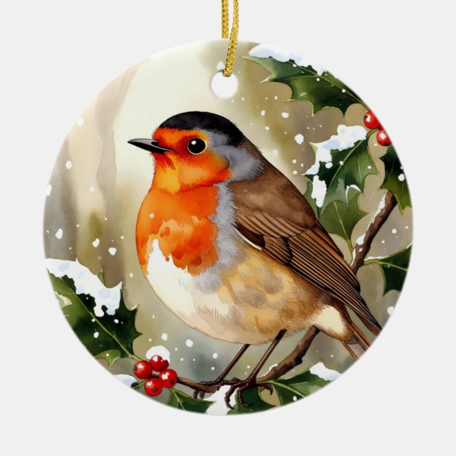 Ornamento De Cerâmica Watercolor Robin Christmas (Frente)