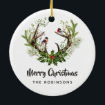 Ornamento De Cerâmica Watercolor Rustic Reindeer Natal<br><div class="desc">Enfeites de natal com galhadas de renas,  touchetes,  holly e pinheiro personalizáveis para suas especificidades.</div>