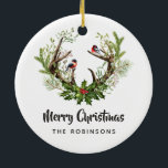 Ornamento De Cerâmica Watercolor Rustic Reindeer Natal<br><div class="desc">Enfeites de natal com galhadas de renas,  touchetes,  holly e pinheiro personalizáveis para suas especificidades.</div>