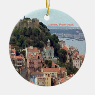 Ornamento De Cerâmica Watercolor Skyline of Lisbon