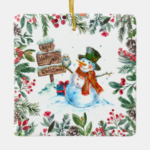 Ornamento De Cerâmica Watercolor Snowman Feliz Natal