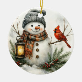 Ornamento De Cerâmica Watercolor Snowman – Lantern & Cardinal