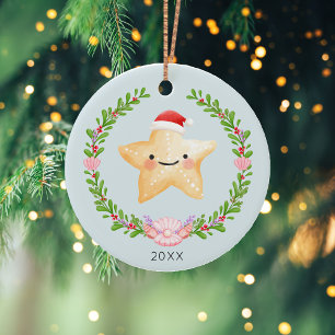 Ornamento De Cerâmica Watercolor Starfish Papais noeis Foto de Natal