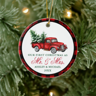 Ornamento De Cerâmica Watercolor Vintage Truck Sr. Xadrez de Natal