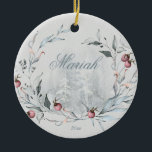 Ornamento De Cerâmica Watercolor Woodland Peaceful Winter<br><div class="desc">Christmas ornament | Adicione o nome e a data do ano,  se quiser ou apagar - Cena de floresta com aquarela branca com coroa de fruta com coroa de folhas - um veado saltante no verso com texto alterável</div>
