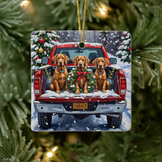 Ornamento De Cerâmica Weimaraner Christmas Red Truck Holiday (Árvore)
