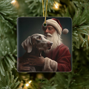 Ornamento De Cerâmica Weimaraner com Papai Noel Natal Festivo