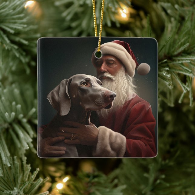 Ornamento De Cerâmica Weimaraner com Papai Noel Natal Festivo (Árvore)