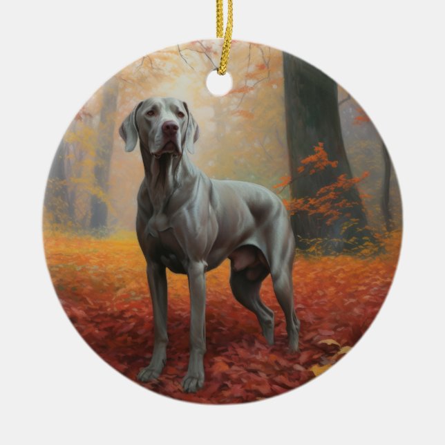 Ornamento De Cerâmica Weimaraner das Folhas de outono cai inspirado (Frente)