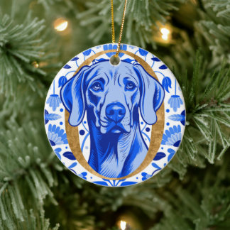 Ornamento De Cerâmica Weimaraner espiando através da letra "O" em Ouro