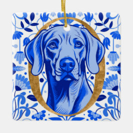 Ornamento De Cerâmica Weimaraner espiando através da letra "O" em Ouro
