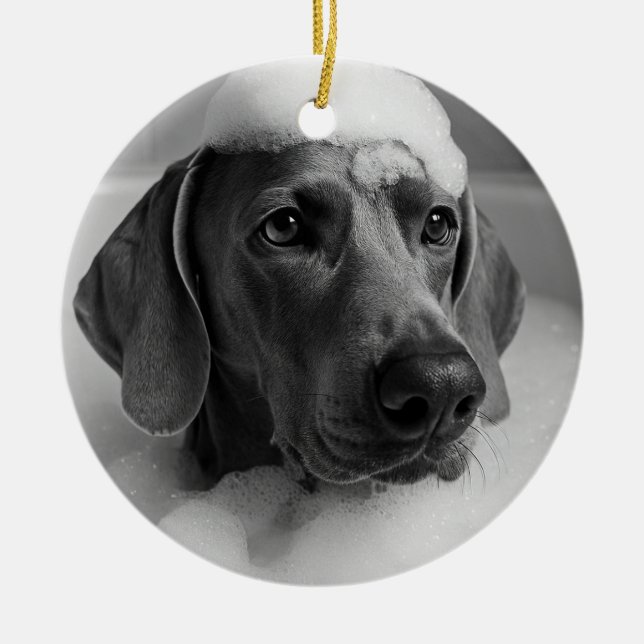 Ornamento De Cerâmica Weimaraner no banho com bolhas na cabeça (Frente)