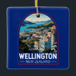 Ornamento De Cerâmica Wellington New Zelândia Viagem Art Vintage<br><div class="desc">Wellington retro vetor viagem design. Wellington,  a capital da Nova Zelândia,  fica perto do ponto mais meridional da ilha do Norte no estreito de Cook.</div>