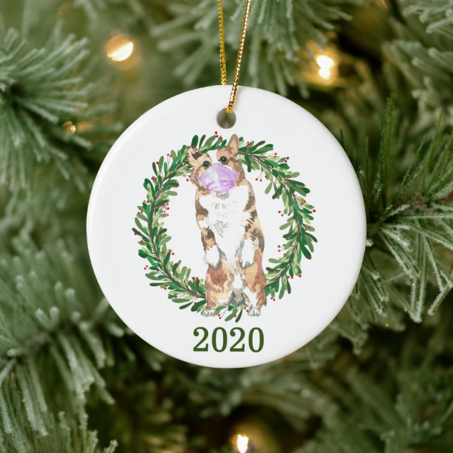 Ornamento De Cerâmica Welsh Corgi Natal Vestindo Máscara 2020 (Árvore)