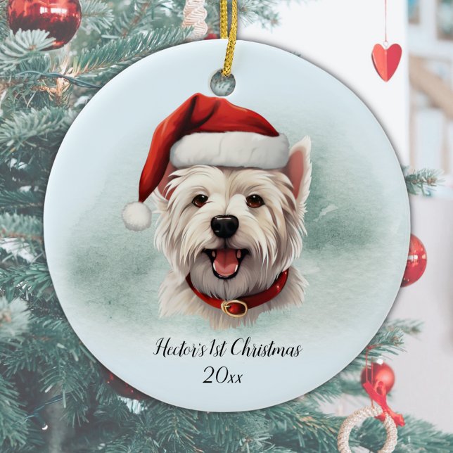 Ornamento De Cerâmica West Highland Terrier personalizou o primeiro Nata (Personalize with Dog's name and year, or add different text, or delete if not required.)