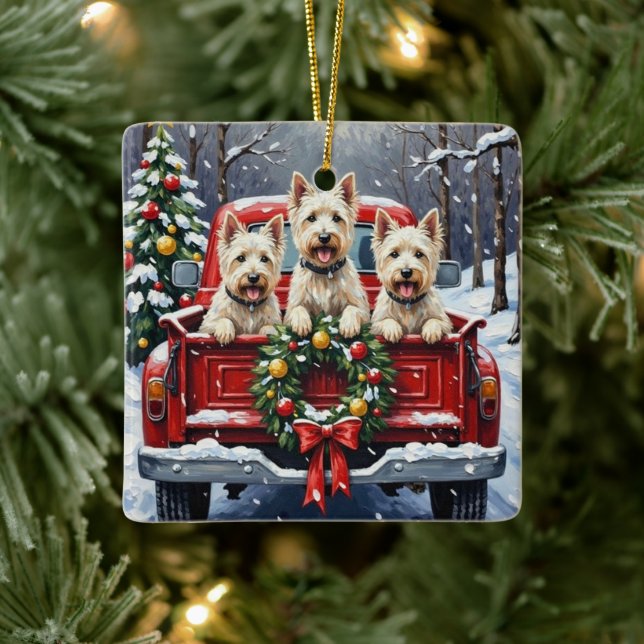 Ornamento De Cerâmica West Highland White Terrier Christmas Red Truck (Árvore)