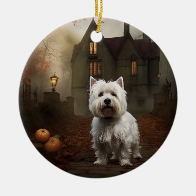 Ornamento De Cerâmica West Highland White Terrier Halloween Scareen (Frente)