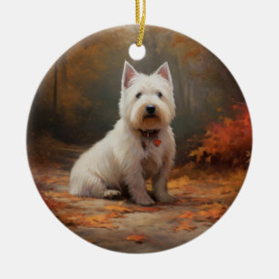 Ornamento De Cerâmica West Highland White Terrier no outono deixa cair