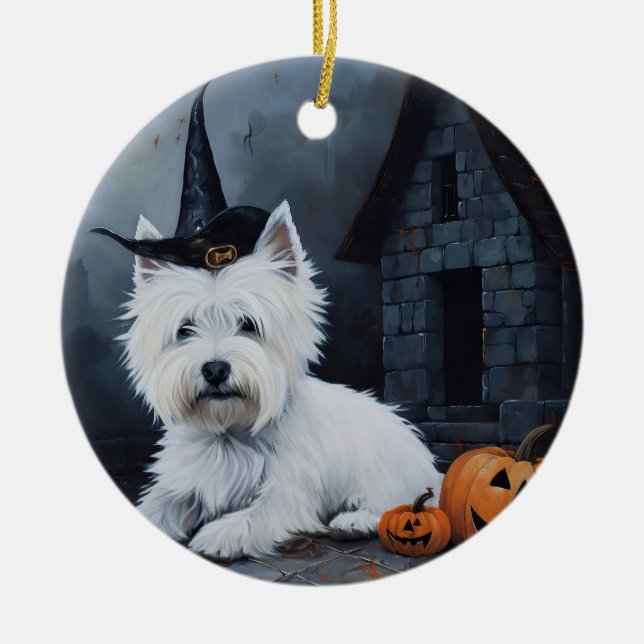 Ornamento De Cerâmica West Highland White Terrier Pumpkin Halloween (Frente)