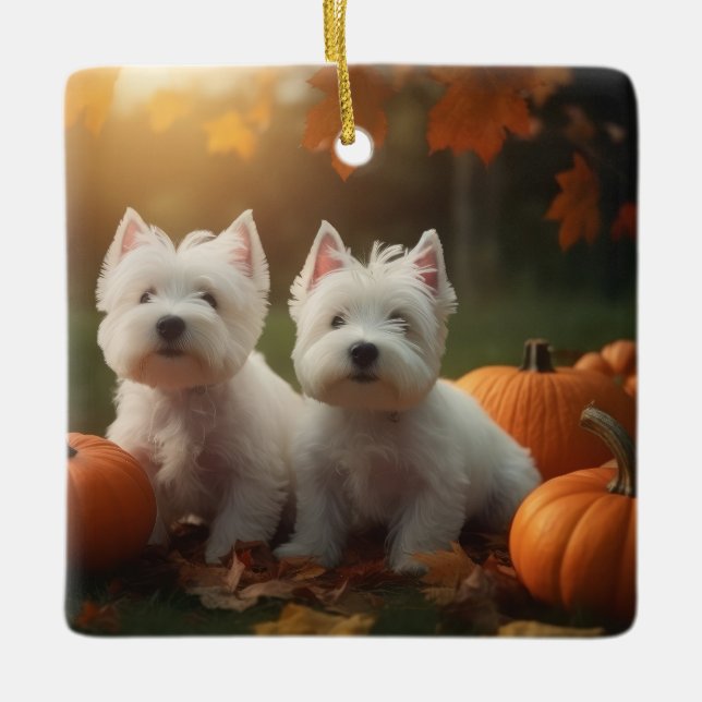 Ornamento De Cerâmica West Highland White Terrier Puppy Autumn Pumpkin (Frente)