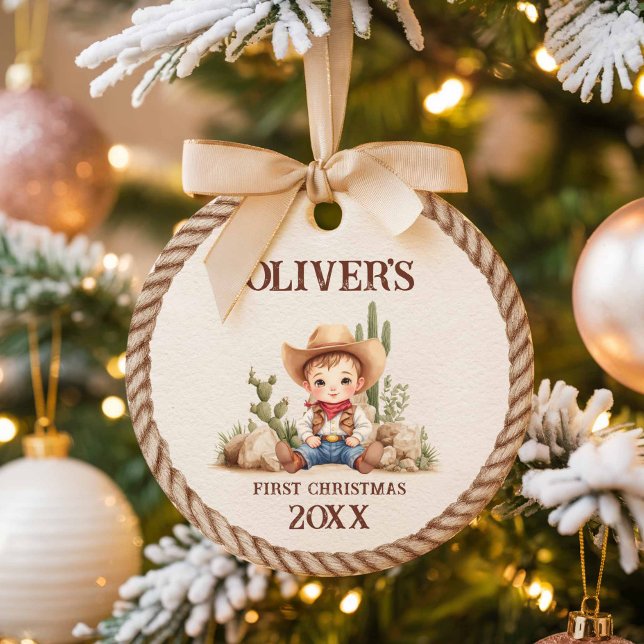 Ornamento De Cerâmica Western Baby Boy Primeiro Natal (Western First Christmas Ornament)