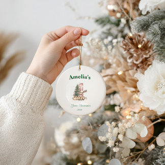 Ornamento De Cerâmica Western Baby Girl First Christmas Pink