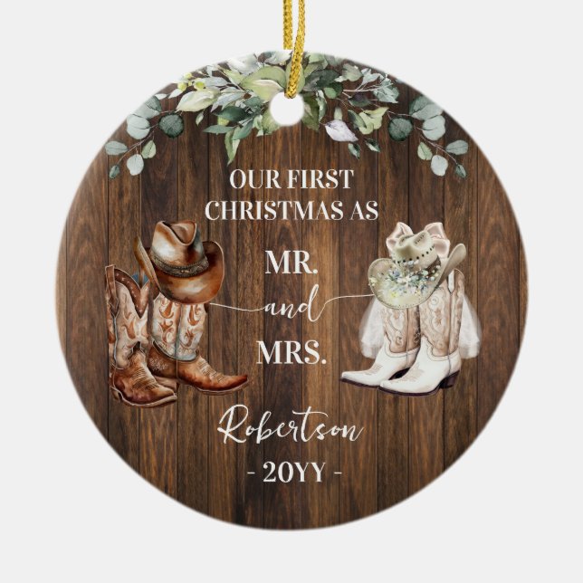Ornamento De Cerâmica Western First Christmas as Mr & Mrs Cowboy Cowgirl (Frente)