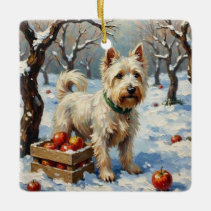 Ornamento De Cerâmica Westie Antigo no Pomar Nevado de Natal