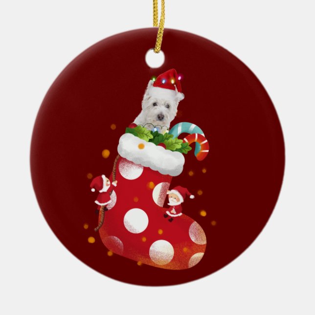 Ornamento De Cerâmica Westie com o Natal do Chapéu (Frente)