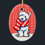 Ornamento De Cerâmica Westie Happy Xadrez Scarf Winter<br><div class="desc">Arte tematizada do inverno Ocidental que produz cartões de natal,  presentes e decor únicos. Arte e design por Andie/Off-Leash Art™. Parte de sua coleção Cães & Gatos em Escarvas e Chapéus.</div>