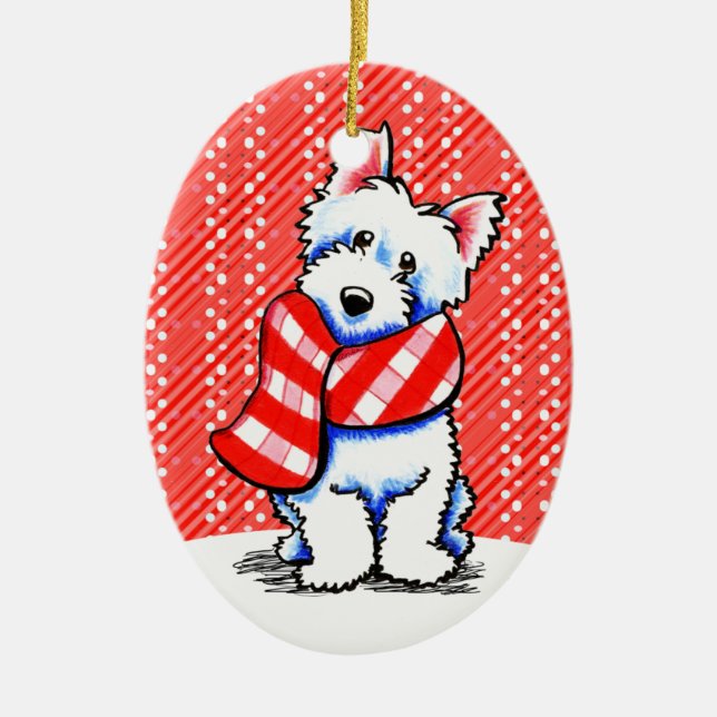 Ornamento De Cerâmica Westie Happy Xadrez Scarf Winter (Frente)