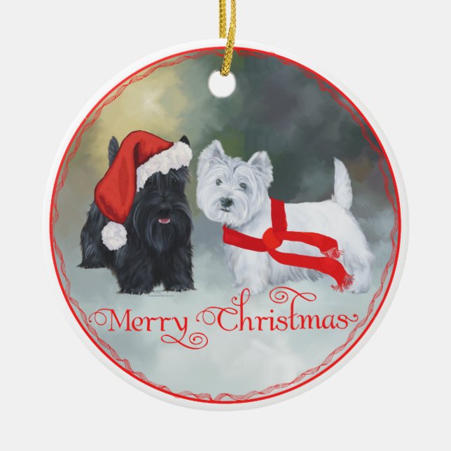 Ornamento De Cerâmica Westie Scottie Christmas (Frente)