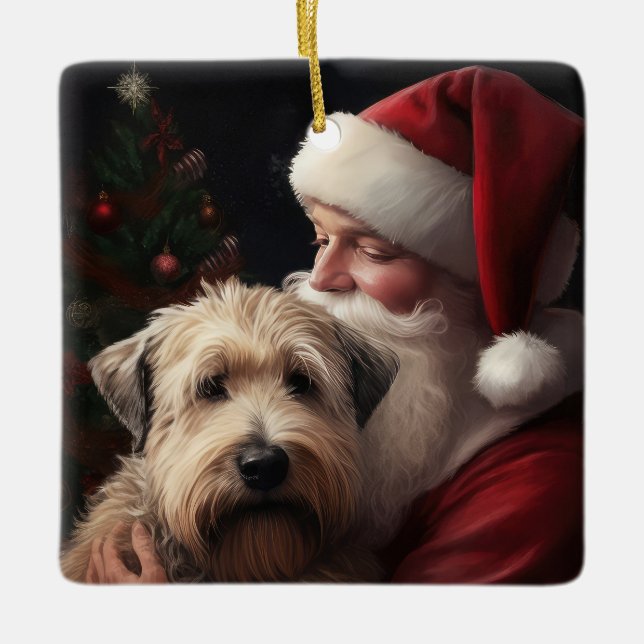 Ornamento De Cerâmica Wheaton Terrier com Papai Noel Natal Festivo (Frente)