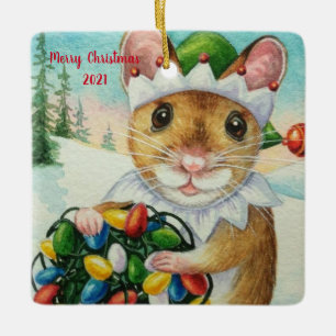 Ornamento De Cerâmica Whimsic North Pole Elf Mouse Watercolor Art
