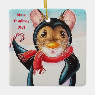 Ornamento De Cerâmica Whimsic North Pole Penguin Mouse Watercolor Art