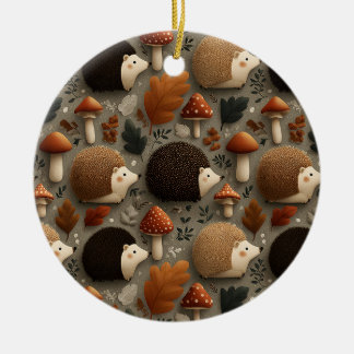 Ornamento De Cerâmica Whimsical Autumn Hedgehog & Mushroom Pattern