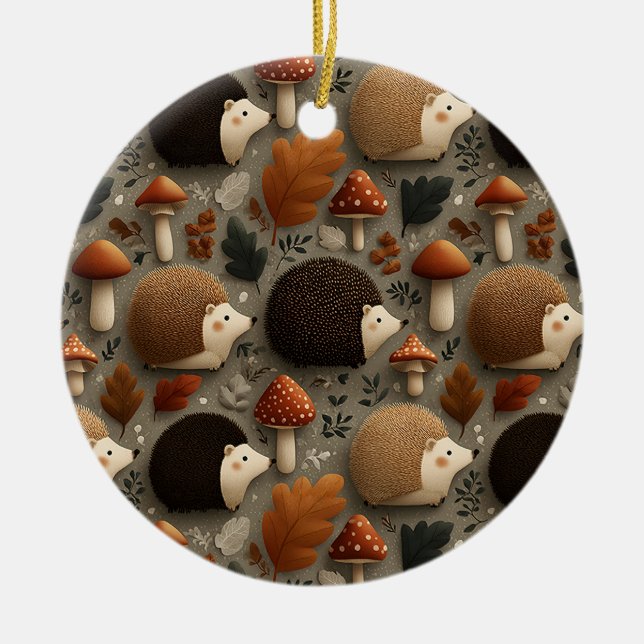Ornamento De Cerâmica Whimsical Autumn Hedgehog & Mushroom Pattern (Frente)