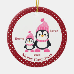 Ornamento De Cerâmica Whimsical Big Sis & Lil' Sis Penguins Personalizad