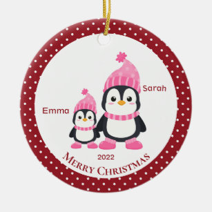 Ornamento De Cerâmica Whimsical Big Sis & Lil' Sis Penguins Personalizad