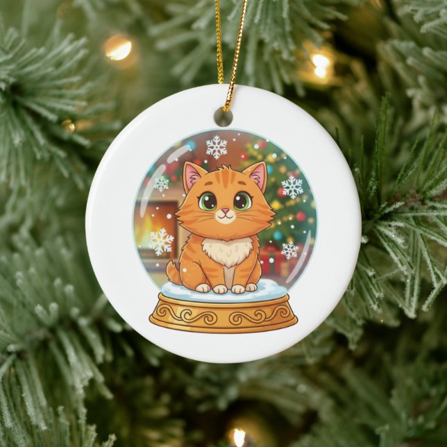 Ornamento De Cerâmica Whimsical Cartoon Cat in Snow Globe Christmas  (Árvore)
