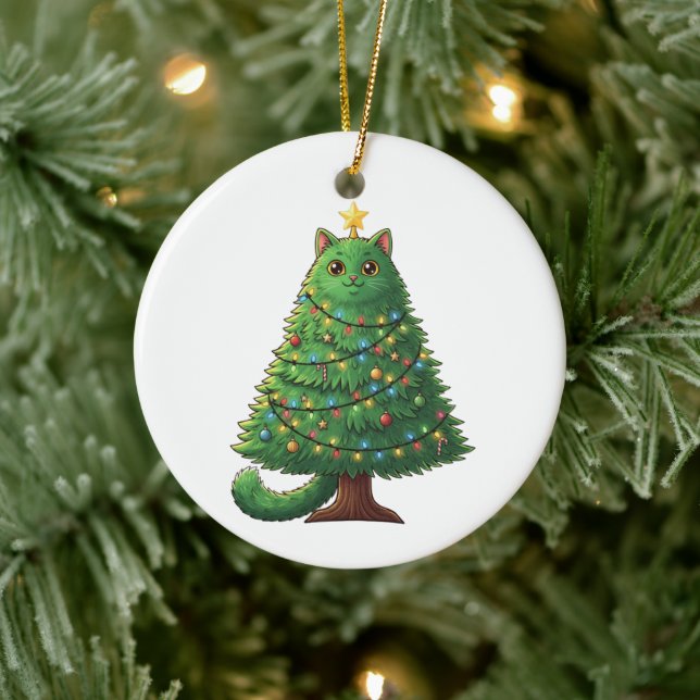 Ornamento De Cerâmica Whimsical Christmas Tree Cat Holiday  (Árvore)
