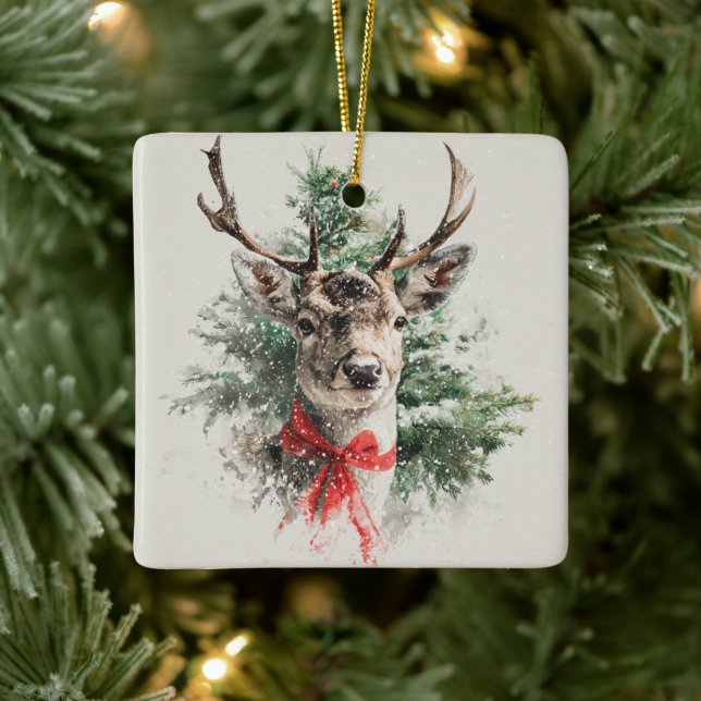 Ornamento De Cerâmica Whimsical Deer with Red Bow Christmas Ornament (Árvore)