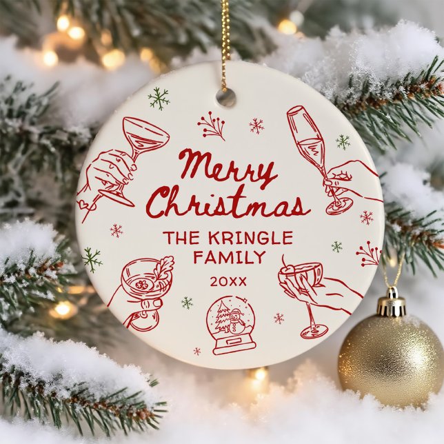 Ornamento De Cerâmica Whimsical Hand Drawn Christmas Party  (Criador carregado)