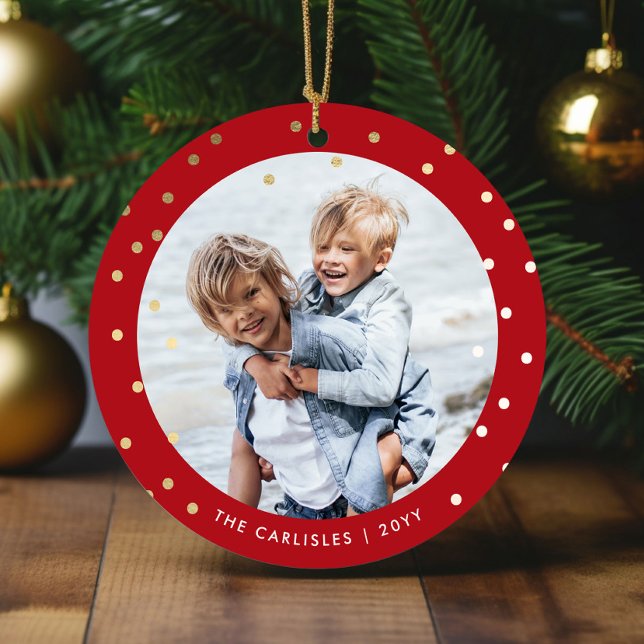 Ornamento De Cerâmica Whimsical Red and Dourado Confetti 2 Foto Natal (Red and gold 2 photo Christmas tree ornaments (front).)