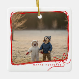Ornamento De Cerâmica Whimsical Red Ribbon Frame Holiday Photo
