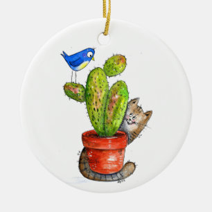 Ornamento De Cerâmica Whimsical Sneaky Cat com Cactus