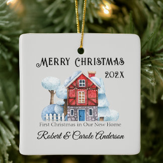 Ornamento De Cerâmica Whimsy First Christmas in Our New Home Photo
