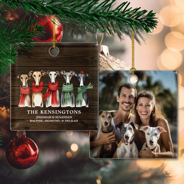 Ornamento De Cerâmica Whippets and Greyhounds Dog Rescue Photo (Whippets and Greyhounds Dog Rescue Holiday Photo Ceramic Ornament)