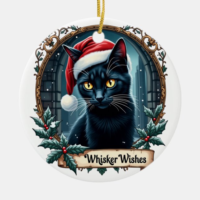 Ornamento De Cerâmica Whisker Wishes - Black Cat Christmas Art Ornament  (Frente)