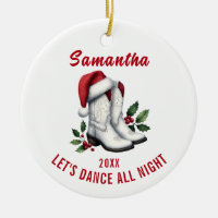 White Cowboy Boots Ornament Santa Hat